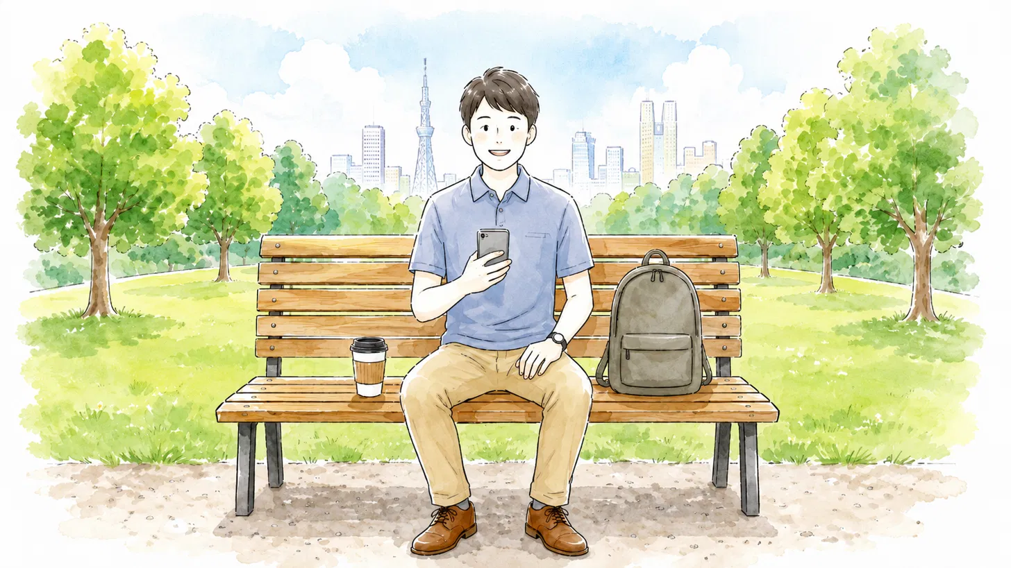 公園のベンチに座ってスマートフォンで試験日程を確認している人のイラスト